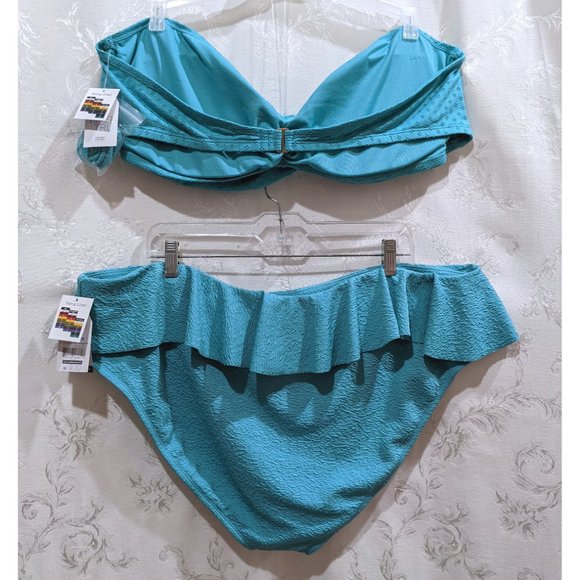 Ruffle High Waist Eyelet Twist Bandeau Two Piece Swim Suit Set 3X Turquoise - Picture 4 of 7